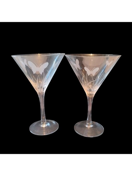 Unknown Other - Etched Glass Butterfly Martini Cocktail Glasses Pair Set of 2